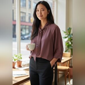 Silk Tie-Neck Blouse Flowy Satin Draped Top Mauve Plum Boho Chic